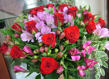 flower delivery Budapest - red roses with purple alstromeries  (30 stems)